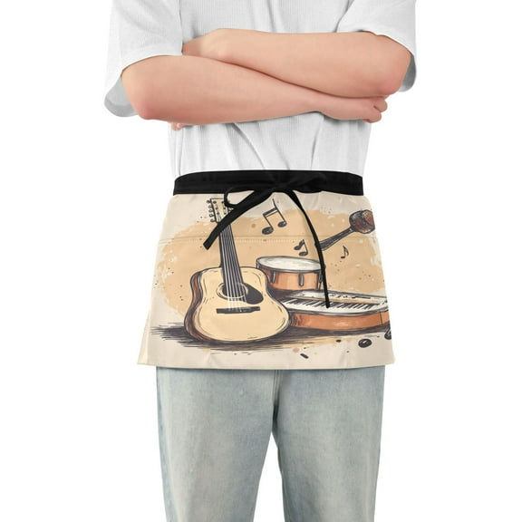 Guitar Piano Marimba Drum Server Apron with 3 Pockets Waterproof Waitress Waist Short Apron for Man Woman 12 Inches