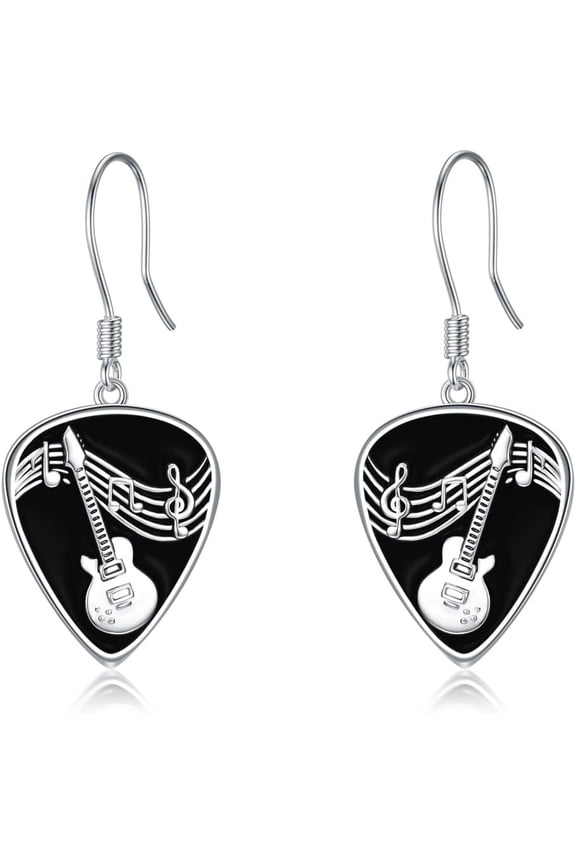 Guitar Pick Earrings Sterling Silver Guitar Plectrum with Music Note Dangle Drop Earrings Musical Jewelry Guitarist Gifts for Women Men