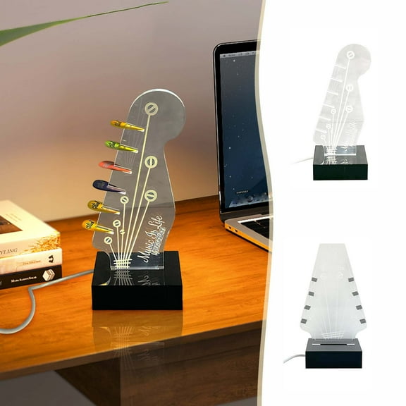 Guitar Pick Holder | Light Up Acrylic Display Case | Electric Guitar Headstock Shape, Illuminated Storage Box, Dustproof, Multicolor, USB 3-Color Dimming
