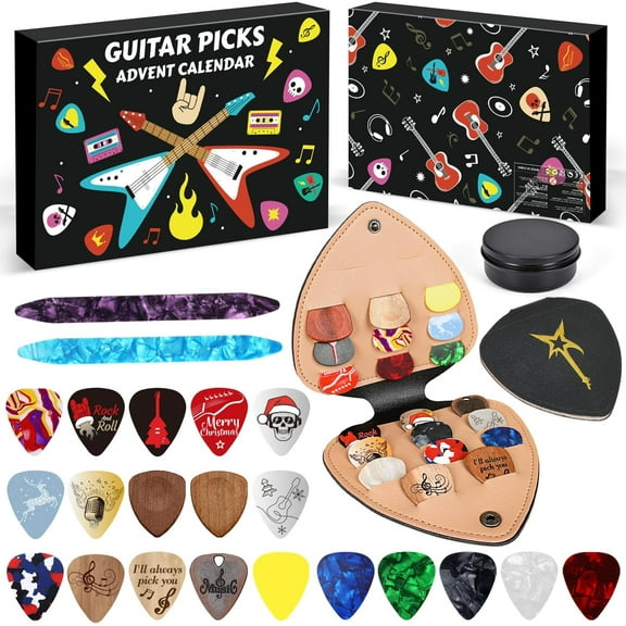 Guitar Picks Advent Calendar 2025, 24-Day Countdown with 20 Celluloid & Wood Picks in Multiple Gauges, 2 Oud Picks, Pick Holder & Metal Tin Case, Christmas Gift for Guitar, Bass, Ukulele Players