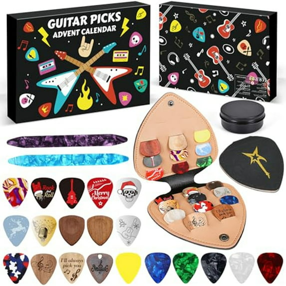 Guitar Picks Advent Calendar 2025, 24 Rock Around Music with 20 Picks and 2 Oud Pick Pick Holde, Christmas Gift for Guitar, Bass, Ukulele Players
