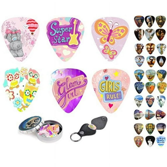 Guitar Picks For Kids and Girls 12 Medium Celluloid Picks Complete W/ Sleek Tin Box and Pick Holder. Premium Gift Set For Daught