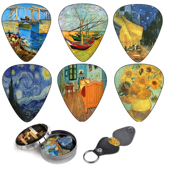 Art Tribute Guitar Picks Kit with Tin Box & Keychain - 12 Medium Celluloid Picks for Musicians, Guitar Players, Beginners, Kids, Teens, Music Gift