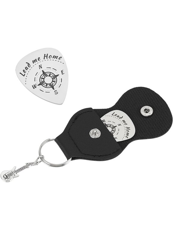 Guitar Picks Gifts Lead Me Home Guitar Picks Plectrum Guitar Set with Compass Design 1PC Stainless Steel Guitar Pick Keychain with Leather Case for DIY Guitar Player