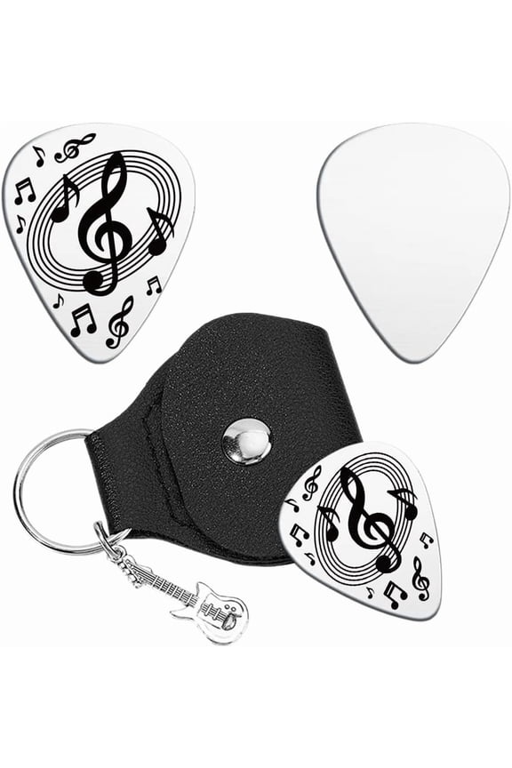 Guitar Picks Gifts Stainless Steel Guitar Pick Keychain with PU Leather Case Double Side Plectrum Guitars Set Graduates Birthday Valentines Gifts for Guitars Player Musician Lover diy