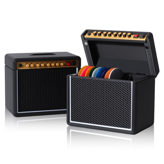Guitar Picks Holder Box, Amp Speaker Styled Pick Holder with 5 Celluloid Guitar Picks, Guitar Pick Display Holder Storage Box Set for Guitar Players and Music Lovers