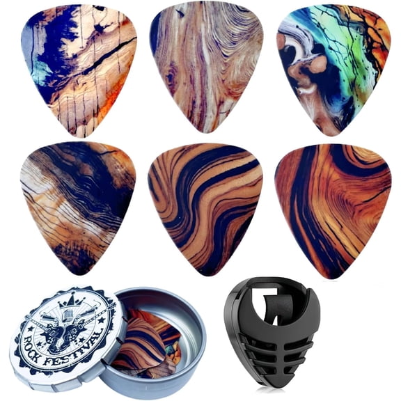 Guitar Picks-Medium, 6 Pack Art Cool Guitar Pick In Metal Box W/Black Pick Holder, For Bass, Electric & Acoustic Guitars Lovers (Desert)