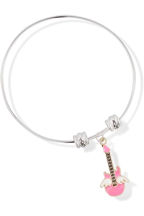 Guitar Pink with White Angel Wings Fancy Charm Bangle