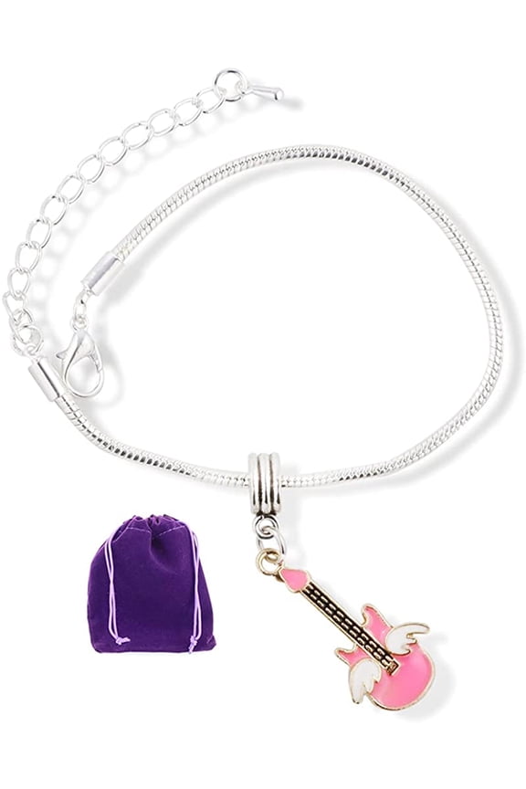Guitar Pink with White Angel Wings Snake Chain Charm Bracelet