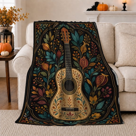 Guitar Pomegranate Botanical Art, Cozy Botanical Garden Scene, Warm Flannel Blanket for Sunroom and Reading Nook, Garden Lovers Thanksgiving Gift, Botanical Home Decor