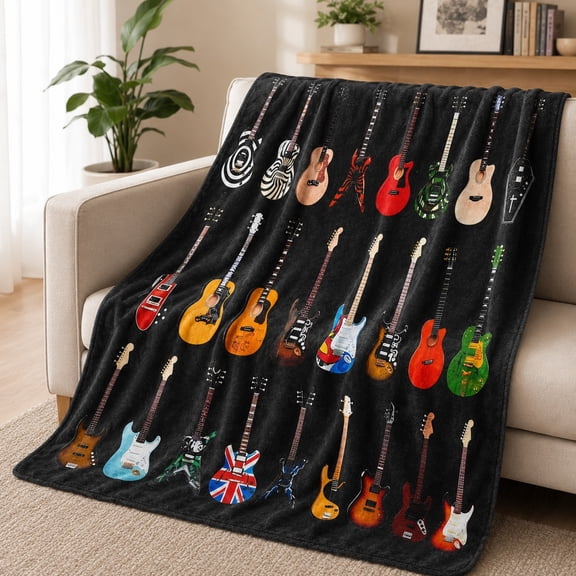 Guitar Print Fleece Throw Blanket, Soft 280 Gsm Polyester, Music Lover Decor for Couch Sofa Bed