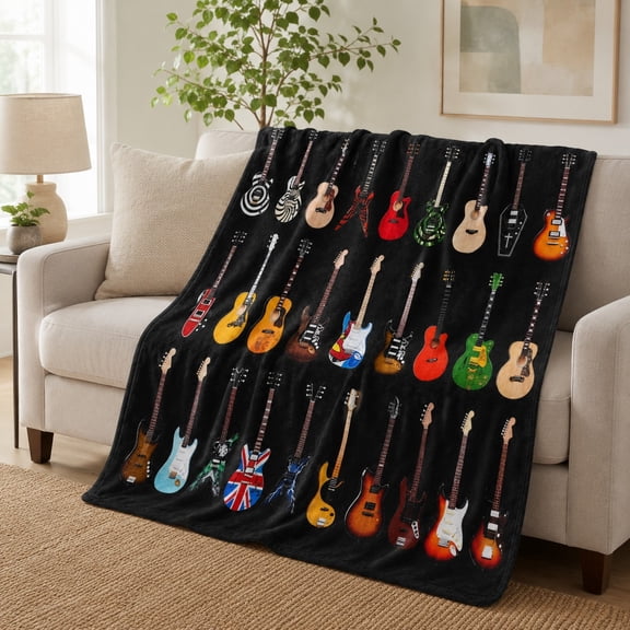 Guitar Print Fleece Blanket, Soft 280 GSM Polyester Throw for Sofa or Travel