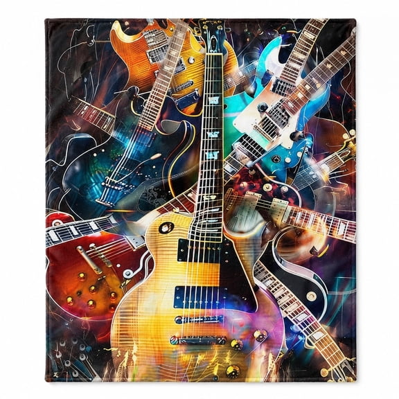 Guitar Print Fleece Throw Blanket, Soft 280 Gsm Polyester, Music Lover Decor for Couch Sofa Bed