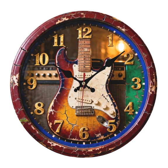 Guitar Printing Wall Clock Modern 10 Inch Battery Operated Silent Non Ticking Small Analog Clock Decorative for Bedroom Kitchen Bathroom Office Home