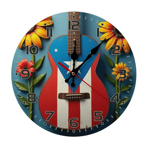 Guitar Puerto Rico Flag Flowers Wall Clock 10 Inch Silent Non Ticking Round Clock Decoration for Living Room Kitchen Bedroom Bathroom Office Classroom