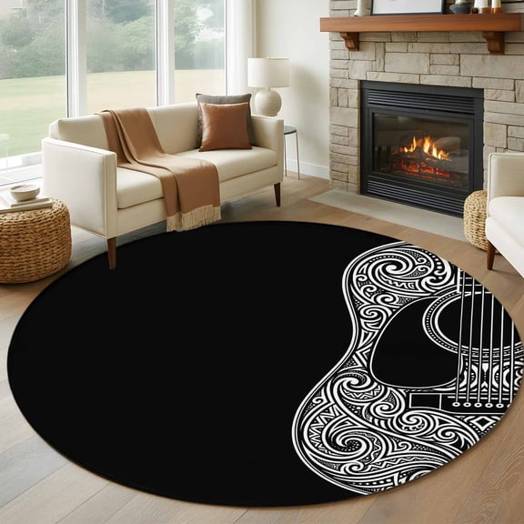 Guitar Round Rugs for Living Room 7ft Abstract White Vine Lines Boho Guitar Black Non Slip Circle Rug Washable Low-Profile Indoor Carpet for Bedroom, Dining Room, Bathroom