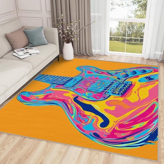 Guitar Rug, Music Theme Pop Art Abstract Area Rug, Rock and Roll Rugs, Colorful Musician Carpet, Guitar Home Decor 2x3ft Small