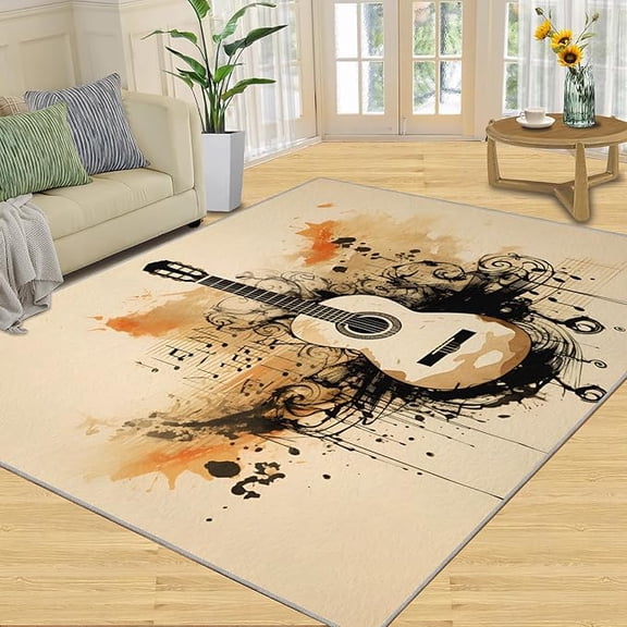 Guitar Rugs for Music Room - Music Rug, Boys Musical Area Rug, Retro Beige Washable Rugs for Living Room Bedroom, Rock and Roll Carpet - Home Decor, Electric Guitars Gifts for Men 5 x 8ft