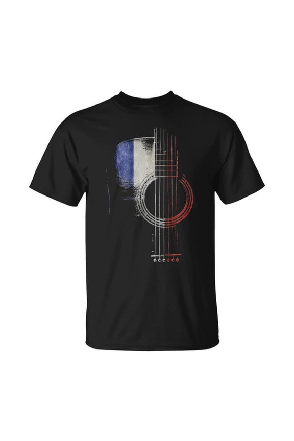 Guitar Shadow France Flag Graphic Tee Unisex Adult Cotton Music Lover Patriotic Design T-Shirt for Concert Casual Everyday Wear, Size 5XL, Color Black