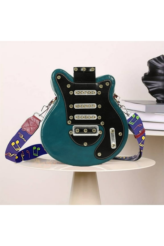 Guitar Shaped Backpack PU Leather Material Adjustable Strap Design Unique Style For Casual Outings Travel Storage Measuring 12.2x11x3.1 Inches (Green)