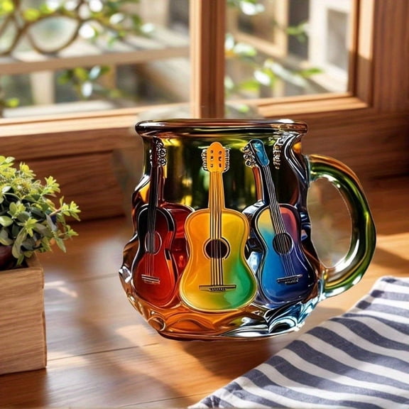 Guitar-Shaped Glass Coffee Mug - Large Capacity, Reusable, Hand Wash Only, Vibrant Guitar Design - Ideal for Home, Office, Party - Perfect Gift for Guitarists and Music Lovers, Guitar Theme Gift