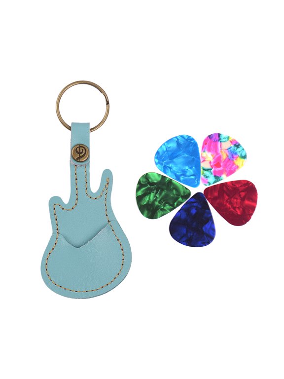 Guitar-Shaped Leather Case for Guitar Picks with Key Ring - Includes 5 Celluloid Picks, String Instrument Accessories