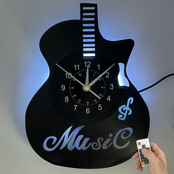 Guitar-Shaped Vinyl Record LED Wall Clock - Digital Display, Musical Theme, Battery Operated, for Living Room, Bedroom, Office Decor - Unique Gift for Birthday, Christmas, Graduation