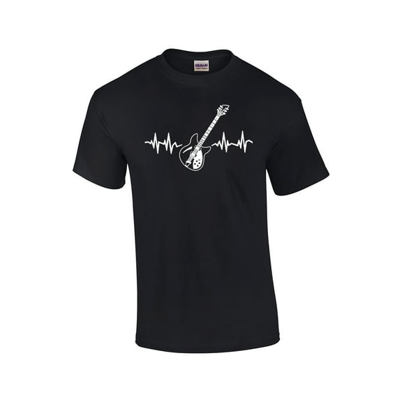 Guitar Short Sleeve T-shirt Guitar with Heart Pulse-Black-XL