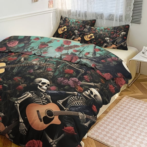 Guitar Skeleton Rock Bedding Set with Zipper Closure for Girls & Boys
