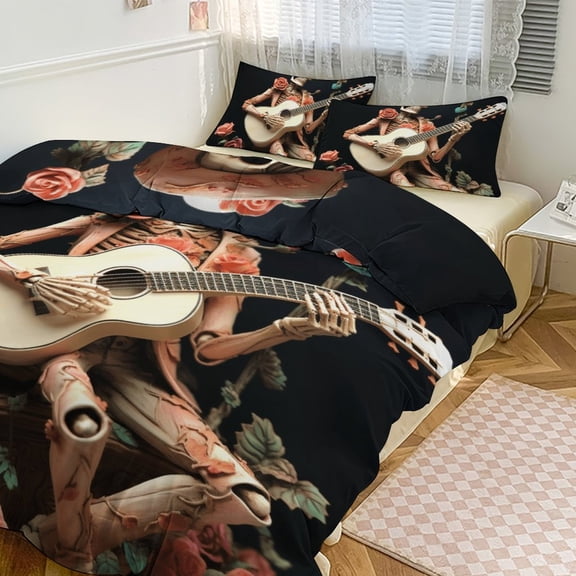 Guitar Skeleton Rock Bedding Set with Zipper Closure for Girls & Boys
