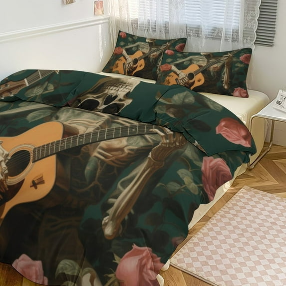 Guitar Skeleton Rock Bedding Sets Twin Duvet Cover 3 Piece Cute Bed Set for Boys Girls Kid