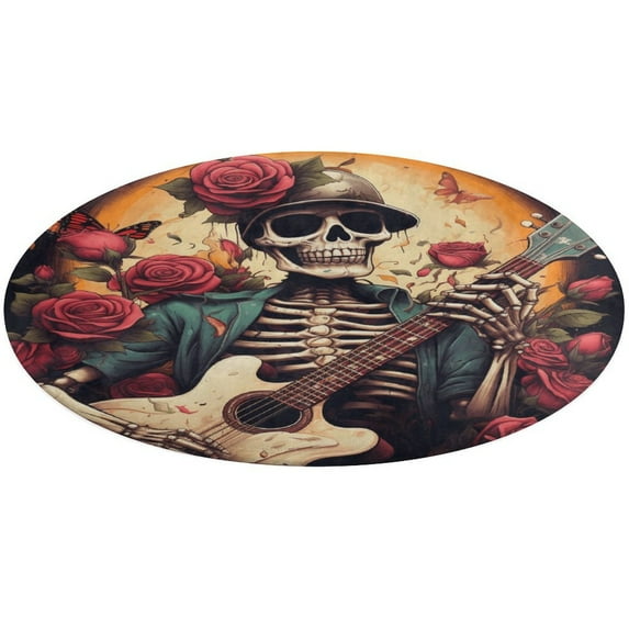 Guitar Skeleton Rock Floral Medallion Round Rug - Small Round Area Rug, Soft Non-Slip Machine Washable Bedroom Mat Indoor Accent Entry Carpet for Office Desk Dorm Hallway