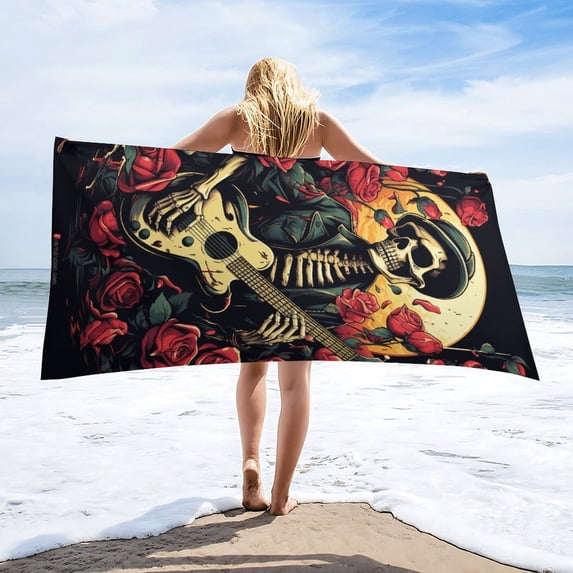 Guitar Skeleton Rock Microfiber Lightweight Beach Towel Quick Dry Absorbent Thin Towels for Swimming Pool Camping Beach Easy for Vacation Essentials