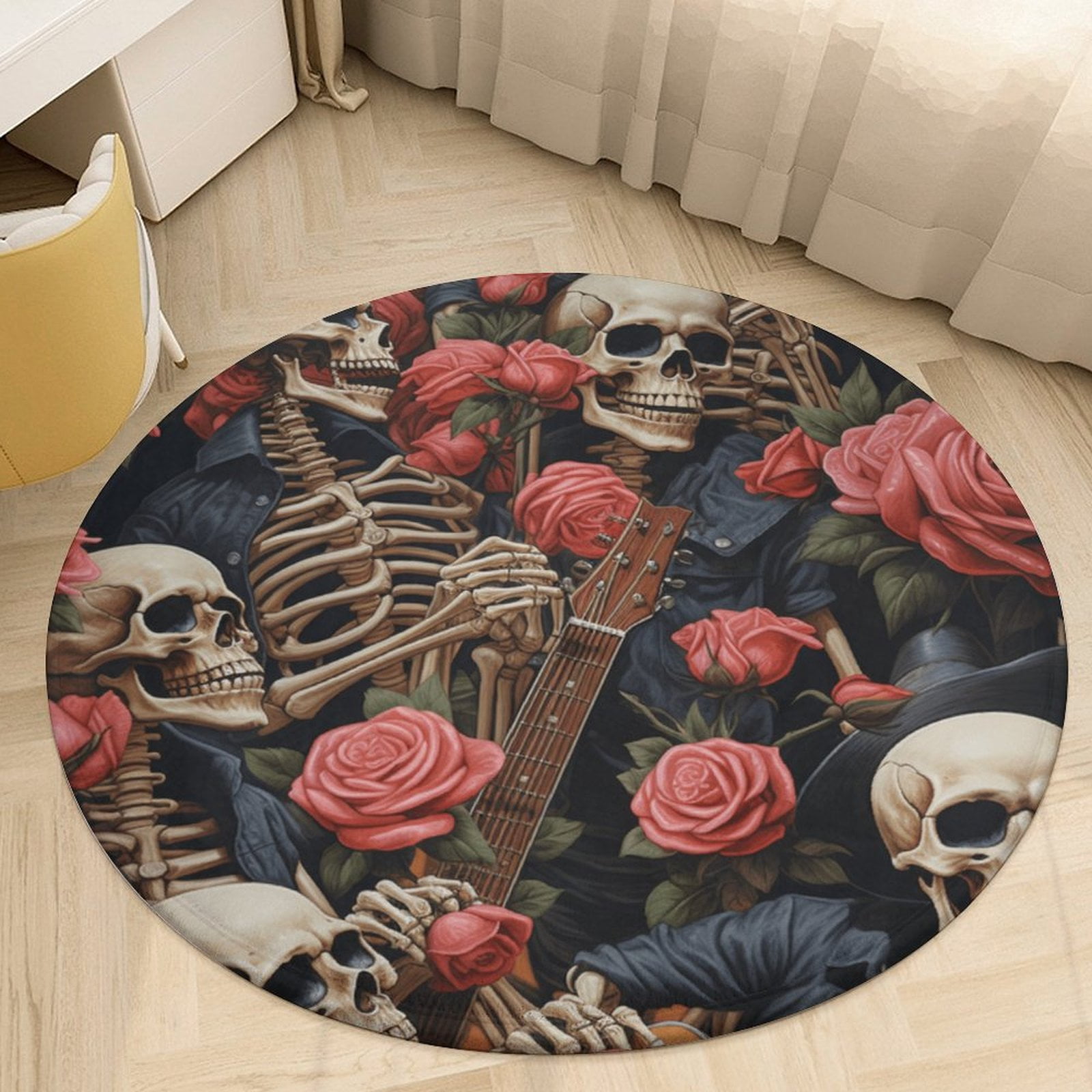 Guitar Skeleton Rock Soft Bedroom Round Area Rug, Washable Cute Nursery ...