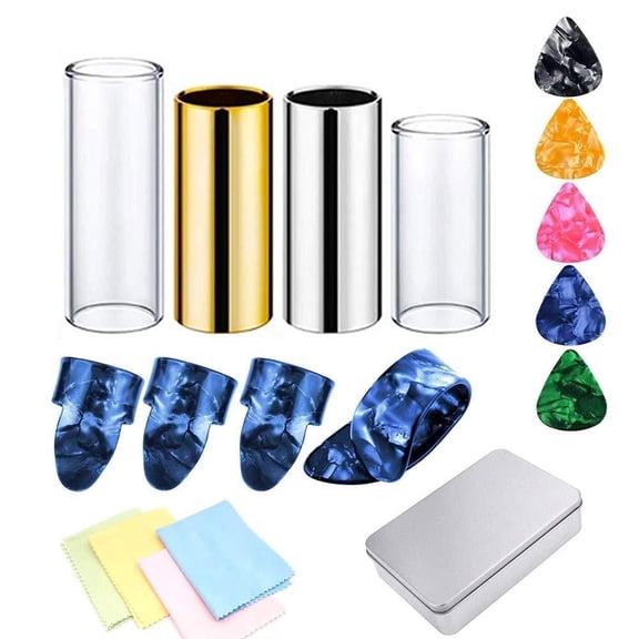 Guitar Slides Set, Glass, Steel, and Brass Slides with Bonus Picks, 25 Pcs