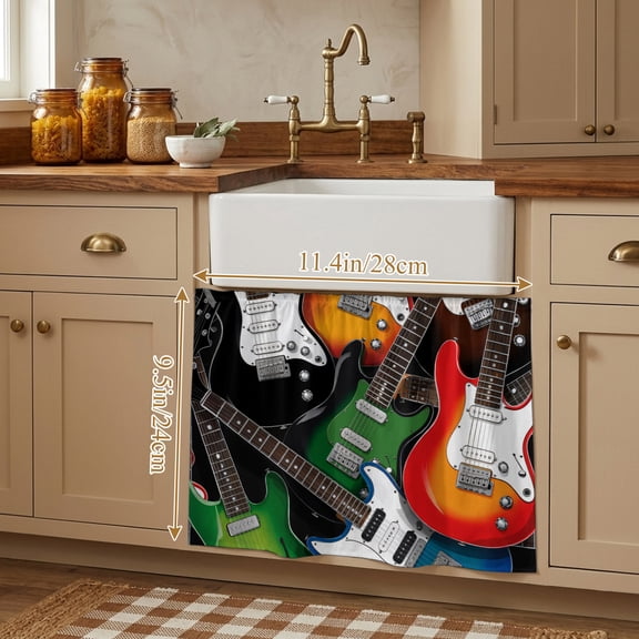 Guitar Small Cabinet Curtains 10"W x 11"L, Cartoon Modern Colorful Guitars Sink Skirt Dust-Proof Short Curtain for Bathroom Vanity Storage Cubby Desk, Self Adhesive Privacy Drapes