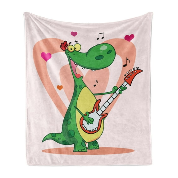 Guitar Soft Flannel Fleece Blanket, Cartoon Style Happy Dinosaur Playing an Instrument Romantic Hearts on the Back, Cozy Plush for Indoor and Outdoor Use, 60" x 80", Rose Multicolor, by Ambesonne