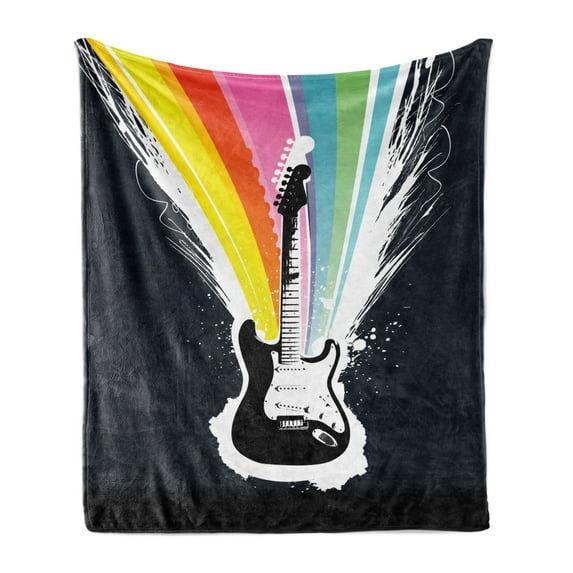 Guitar Soft Flannel Fleece Blanket, Colorful Stripes Flowing Out of an Electric Instrument Rock and Roll, Cozy Plush for Indoor and Outdoor Use, 50" x 60", Charcoal Grey Multicolor, by Ambesonne