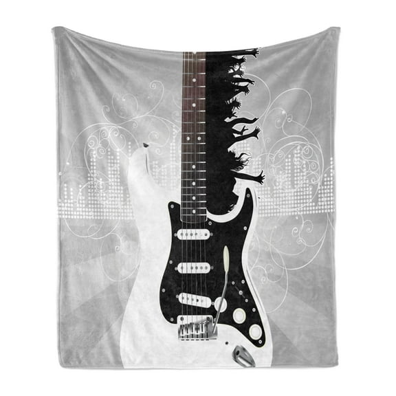 Guitar Soft Flannel Fleece Blanket, Contemporary Layout of People Silhouettes Partying with Curvy Details, Cozy Plush for Indoor and Outdoor Use, 50" x 60", Charcoal Grey Pale Taupe, by Ambesonne