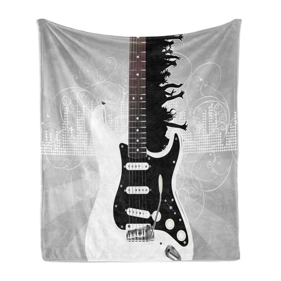 Guitar Soft Flannel Fleece Blanket, Contemporary Layout of People Silhouettes Partying with Curvy Details, Cozy Plush for Indoor and Outdoor Use, 50" x 70", Charcoal Grey Pale Taupe, by Ambesonne