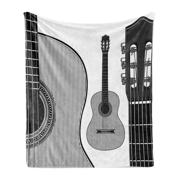 Guitar Soft Flannel Fleece Blanket, Monochrome Design Striped Acoustic Classical Instruments Folk Country Music Concert, Cozy Plush for Indoor and Outdoor Use, 60" x 80", Black White, by Ambesonne