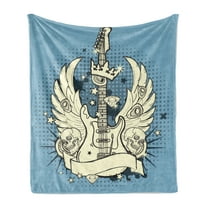 Guitar Soft Flannel Fleece Blanket, Rock n Roll Composition Crown Wings Skulls Stars on Retro Grunge Backdrop, Cozy Plush for Indoor and Outdoor Use, 50" x 60", Pale Blue Black Ivory, by Ambesonne
