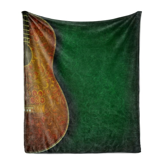 Guitar Soft Flannel Fleece Blanket, Vintage Floral Instrument Pattern Acoustic with Worn Looking Wall Pattern, Cozy Plush for Indoor and Outdoor Use, 50" x 60", Emerald Orange Yellow, by Ambesonne