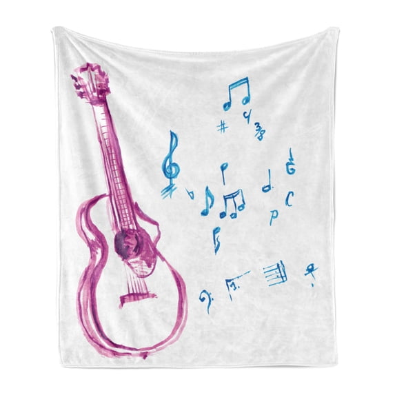 Guitar Soft Flannel Fleece Blanket, Watercolor Musical Instrument with Notes Sheet Elements Brush Stroke Effect, Cozy Plush for Indoor and Outdoor Use, 70" x 90", Magenta Blue White, by Ambesonne