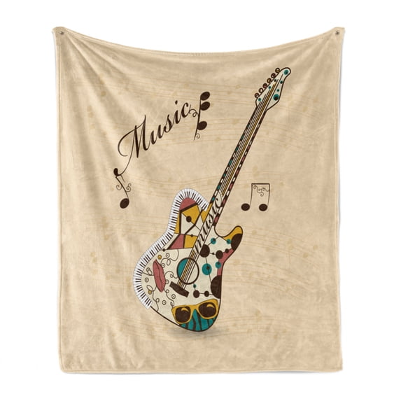 Guitar Soft Flannel Fleece Throw Blanket, Abstract Funky Guitar Instrument Melody Musical Notes and Hand Writing, Cozy Plush for Indoor and Outdoor Use, 70" x 90", Sand Brown Multicolor, by Ambesonne