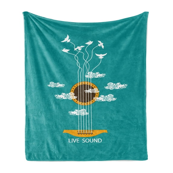 Guitar Soft Flannel Fleece Throw Blanket, Abstract Music Themed with Birds on Strings and Clouds Illustration, Cozy Plush for Indoor and Outdoor Use, 70" x 90", Turquoise Marigold White, by Ambesonne