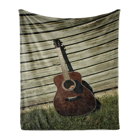 Guitar Soft Flannel Fleece Throw Blanket, Acoustic Music Element Leaning on a Wooden Wall Vintage Country Vibes, Cozy Plush for Indoor and Outdoor Use, 50" x 70", Dusk Redbrown, by Ambesonne