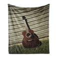 thumbnail image 1 of Guitar Soft Flannel Fleece Throw Blanket, Acoustic Music Element Leaning on a Wooden Wall Vintage Country Vibes, Cozy Plush for Indoor and Outdoor Use, 60" x 80", Dusk Redbrown, by Ambesonne, 1 of 6