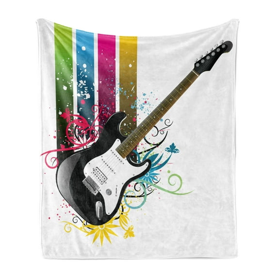 Guitar Soft Flannel Fleece Throw Blanket, Bass Guitar on Colorful Vertical Stripes with Floral Natural Ornaments, Cozy Plush for Indoor and Outdoor Use, 70" x 90", Multicolor, by Ambesonne