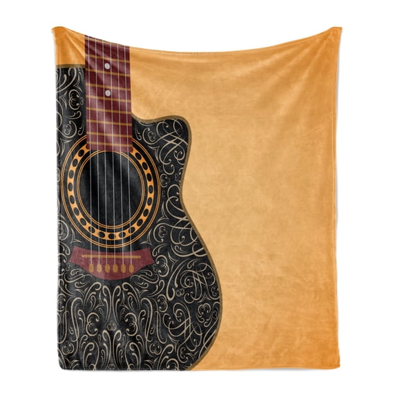 Guitar Soft Flannel Fleece Throw Blanket, Clipped Guitar with Vintage Floral Folk Ornaments Musician Hobbies, Cozy Plush for Indoor and Outdoor Use, 70" x 90", Pale Orange Black Maroon, by Ambesonne